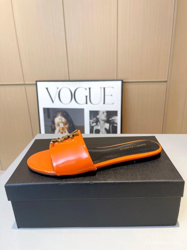 2025 Women Yves Saint Laurent Orange Patent Leather Slippers LY00180