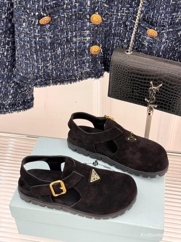 2025 Women Prada Black Suede Sandals
