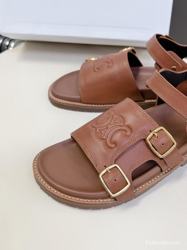 2025 Women Celine Light Brown Leather Sandals KFY00280