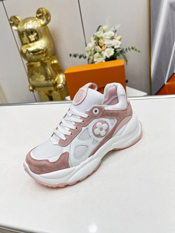 2025 Women Louis Vuitton White Pink Suede Mesh Sneakers LY00340