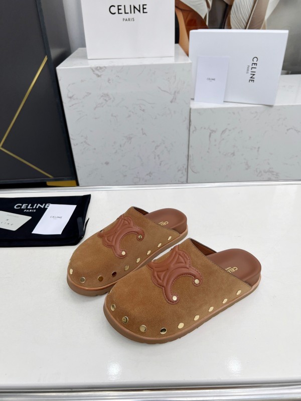 2025 Slippers Celine Brown Suede Leather Slippers LY00240