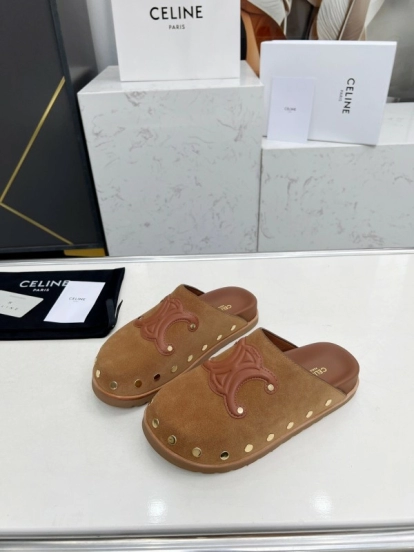 2025 Slippers Celine Brown Suede Leather Slippers LY00240