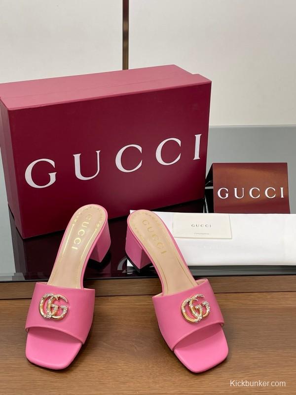 2025 Women Gucci Pink Lambskin Mid Heel Crystal GG Buckle Slide LY00280