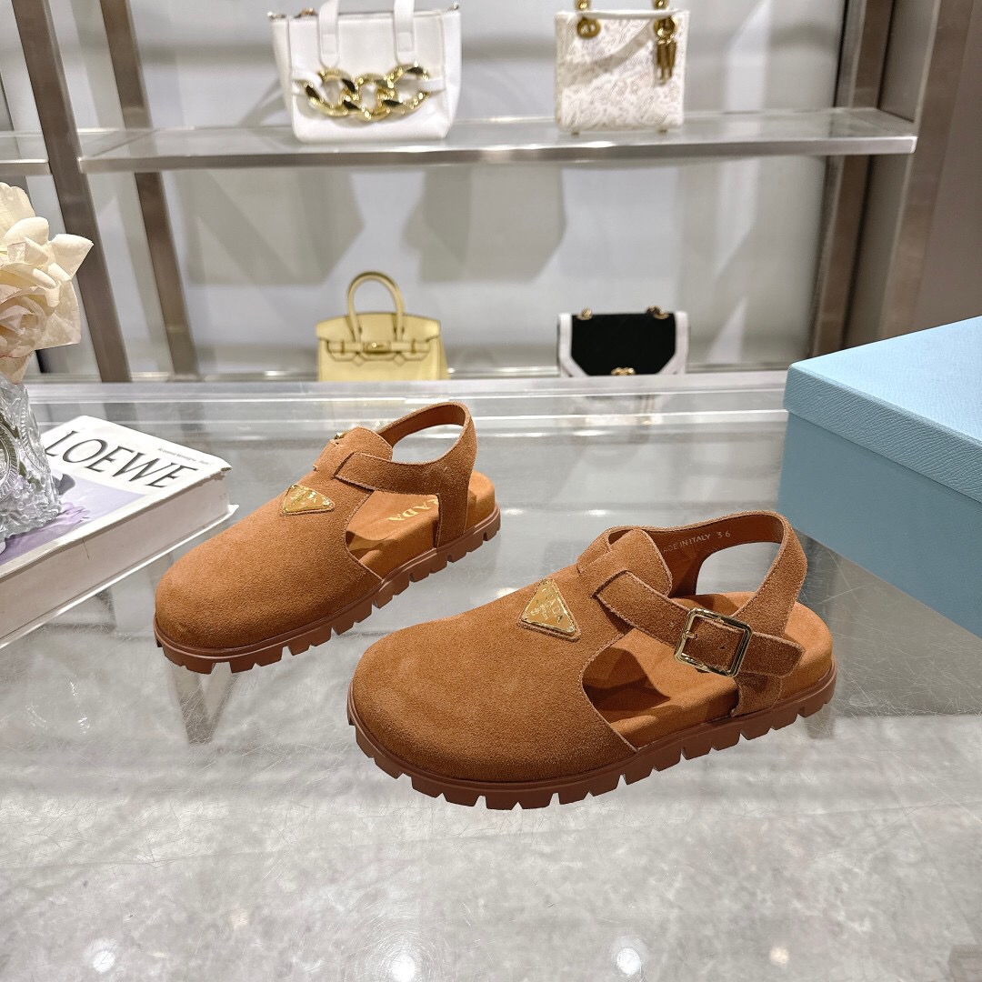 2025 Women Prada Brown Suede Sandals LY00270
