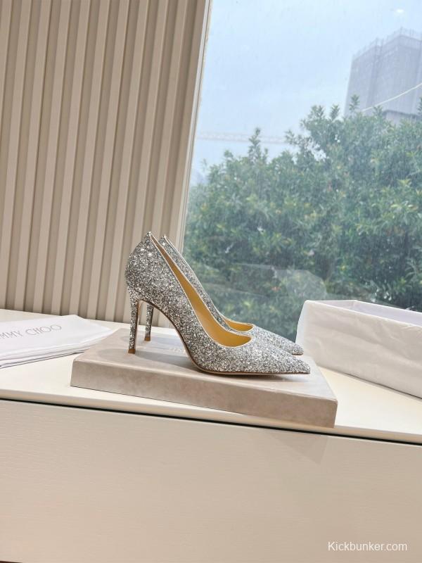 2025 Women Jimmy Choo Silver Glitter Leather Pointed Toe Pumps