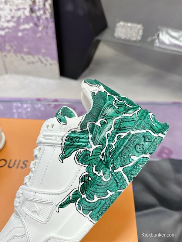 2024 Unisex Louis Vuitton Green White Leather Plimsolls Hand-Painted MJ00780