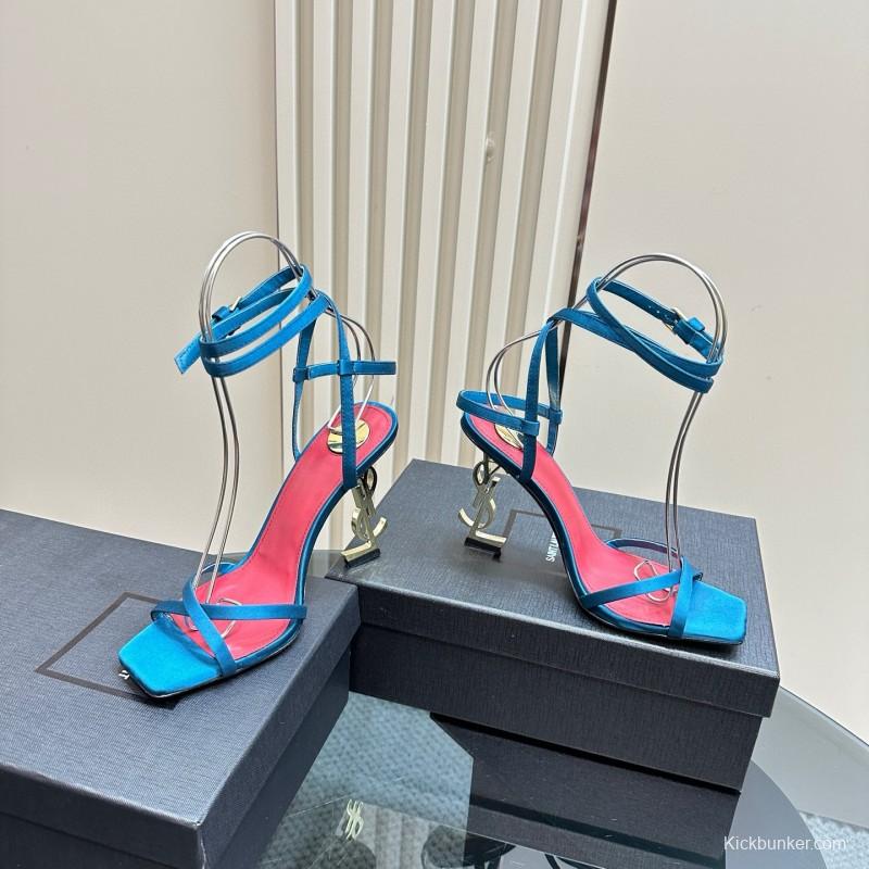 2025 Women Yves Saint Laurent Blue Satin Heeled Sandals MJ00290