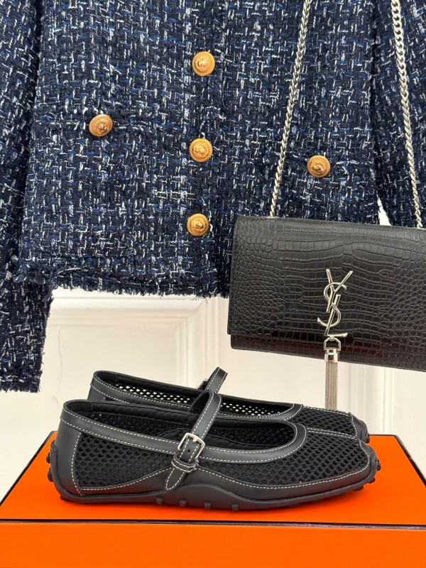 2025 Women Hermès Black Mesh Leather Mary Jane