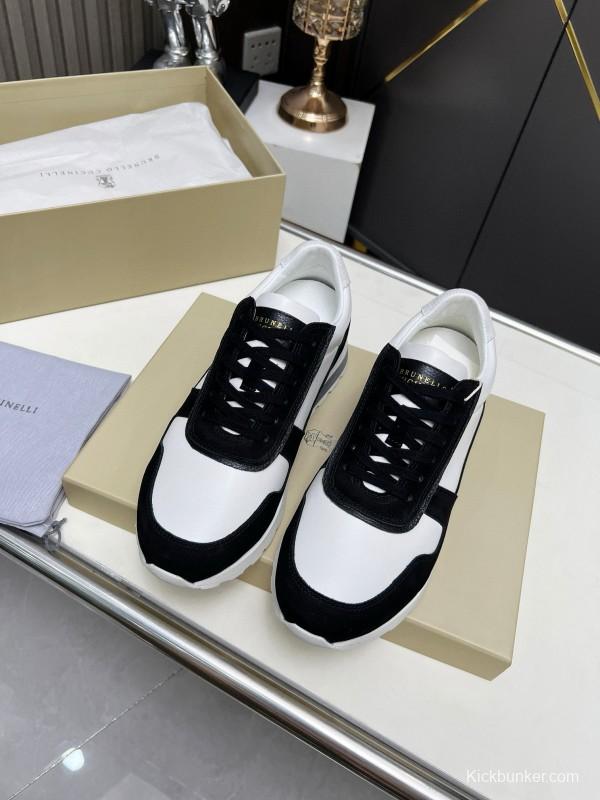 2024 Unisex Brunello Cucinelli Black White Suede Calfskin Leather Sneakers MJ00360