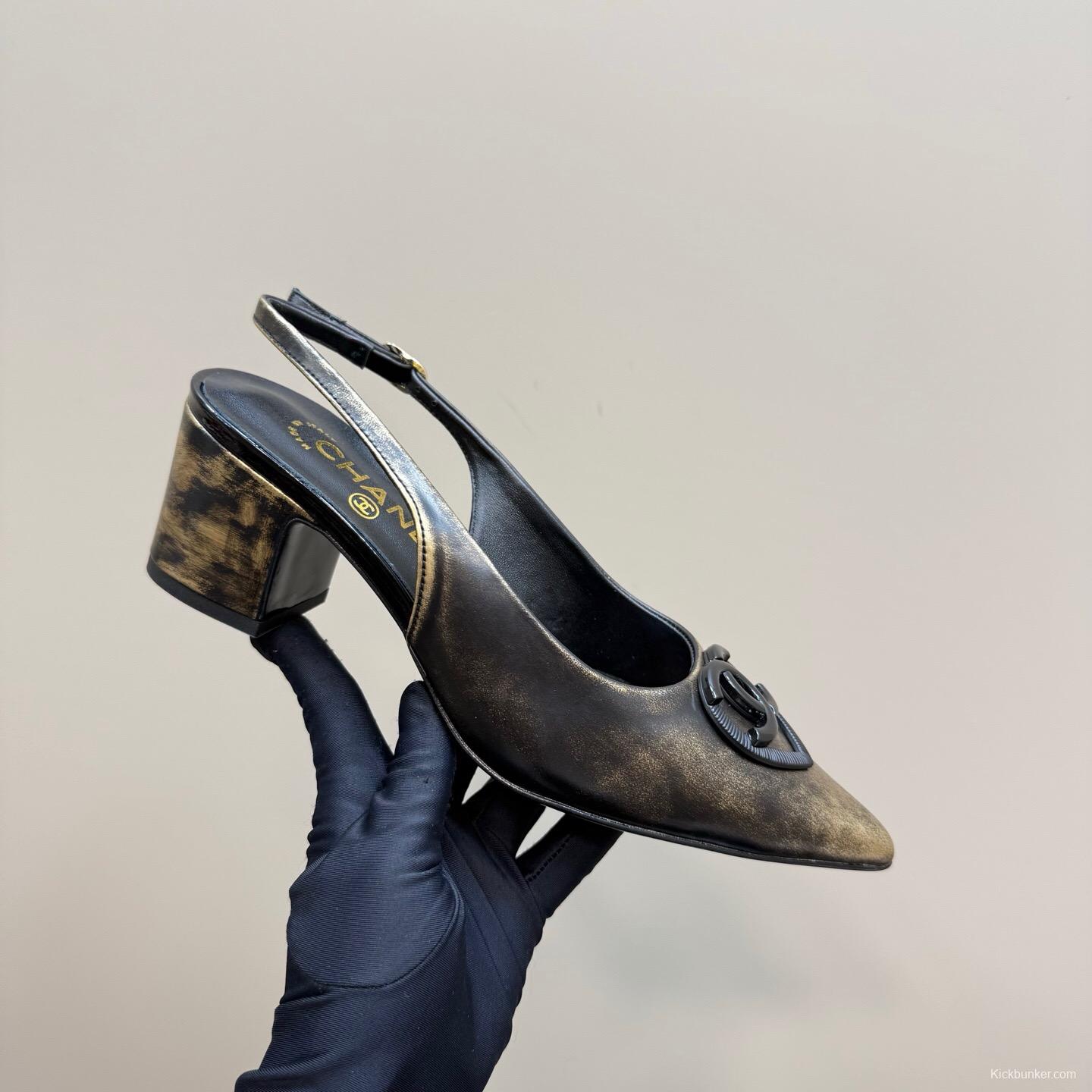 2025 Women Chanel Gold Black Leather Slingback Heel