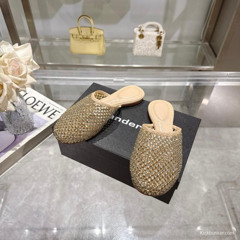 2025 Slippers Alexander Wang Beige Crystal Beaded Leather Slippers LY00310