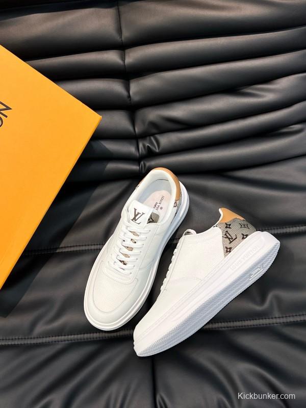 2024 Unisex Louis Vuitton White Brown Mesh Leather Sneakers MJ00400