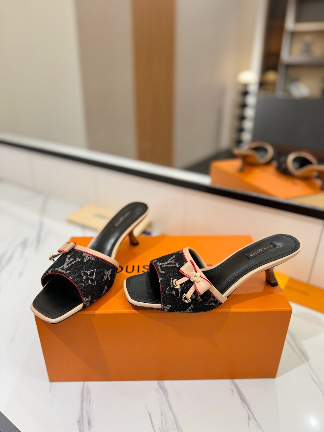 2025 Women Louis Vuitton Black Beige Denim Sandals LV Element KFY00310