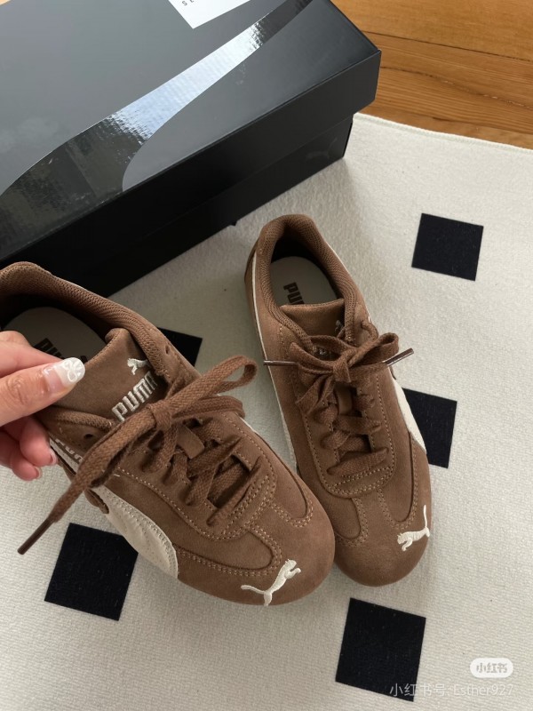 2025 Women Puma Brown White Suede Leather Sneakers KFY00260