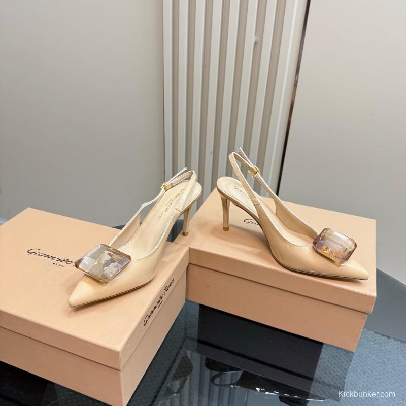 2025 Women Gianvito Rossi Beige Patent Leather Slingback High Heel Gemstone KFY00300