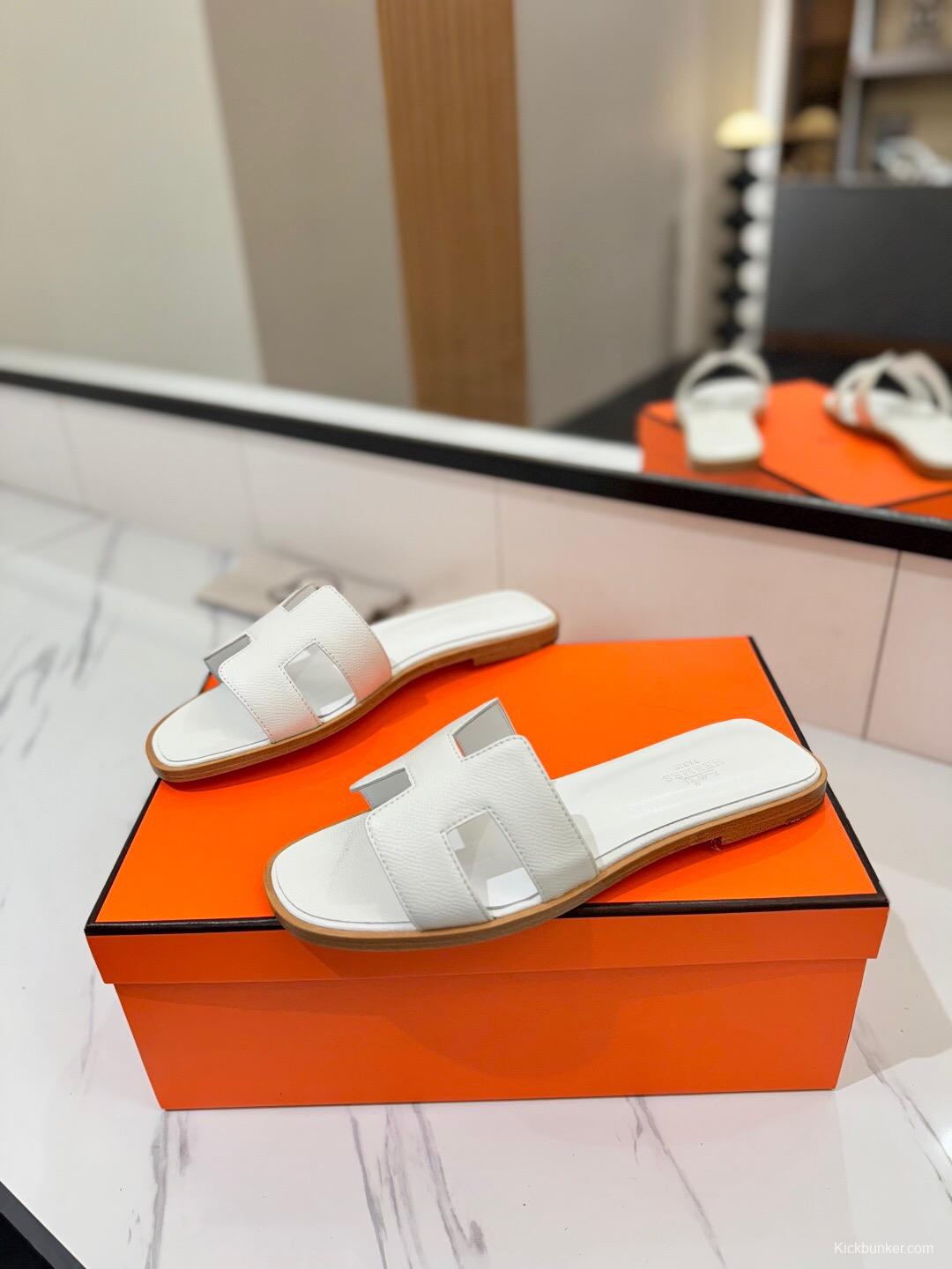 2025 Women Hermès White Leather Slippers