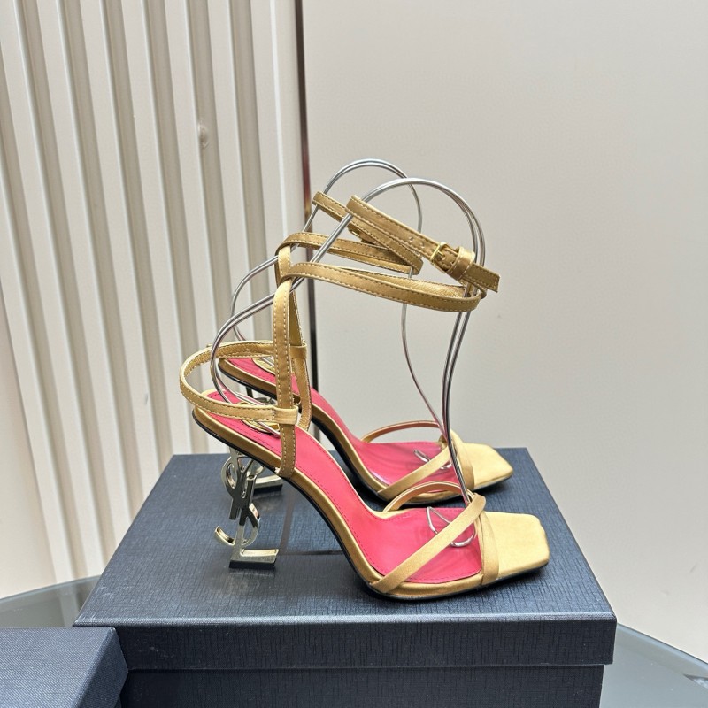 2025 Women Yves Saint Laurent Yellow Silk Strappy Heels
