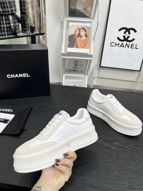 2025 Women Chanel White Leather Suede Sneakers LY00270