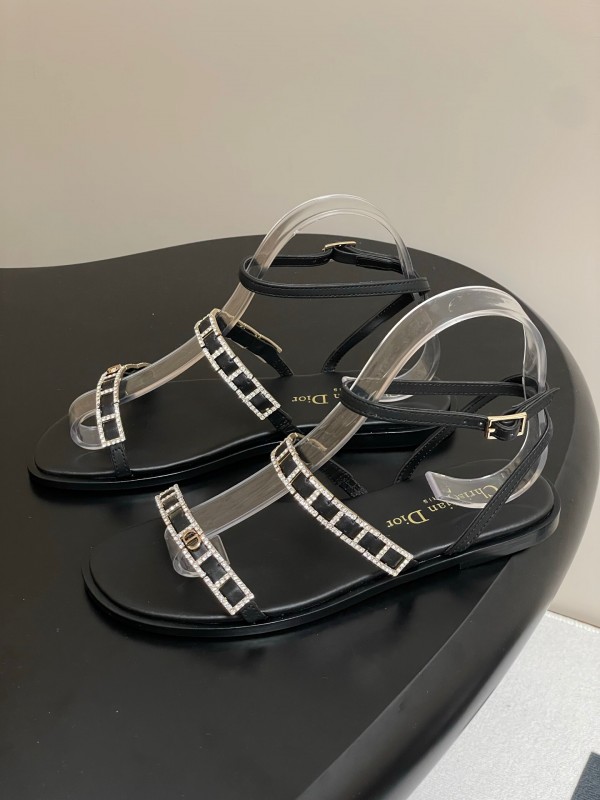 2025 Women Dior Black Crystal Embellished Leather Flat Sandals