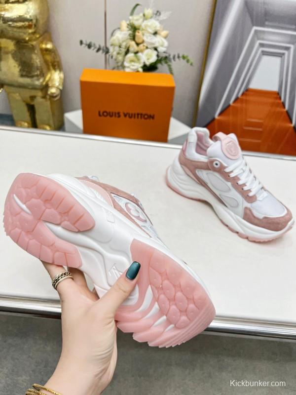 2025 Women Louis Vuitton White Pink Suede Mesh Sneakers LY00340