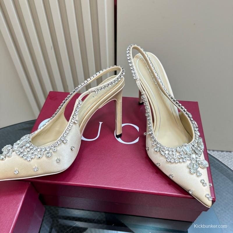 2025 Women Gucci Beige Silk Crystal Embellished Slingback Heels KFY00340