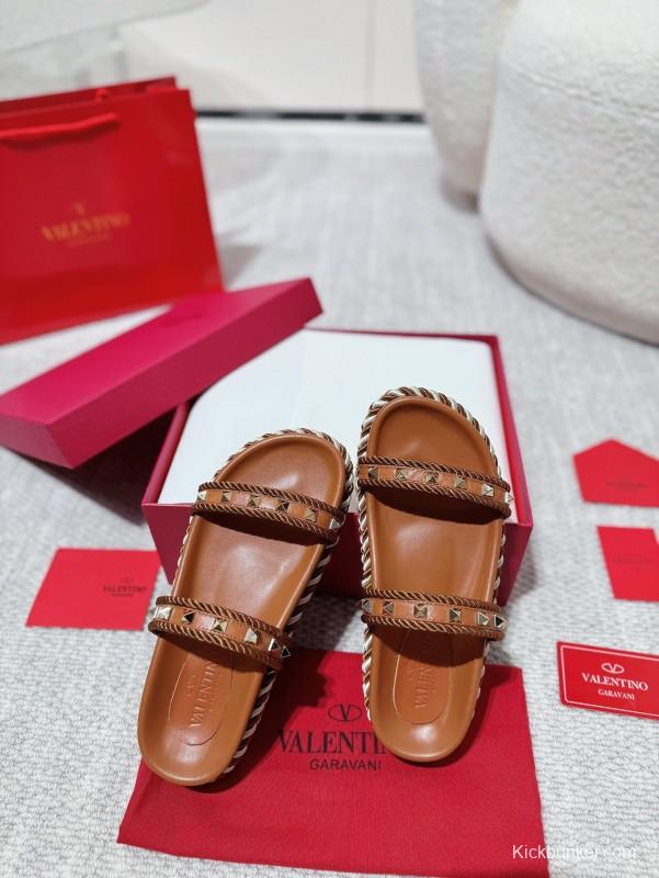 2025 Women Valentino Brown Leather Sandals Braided Rope Sole LY00250