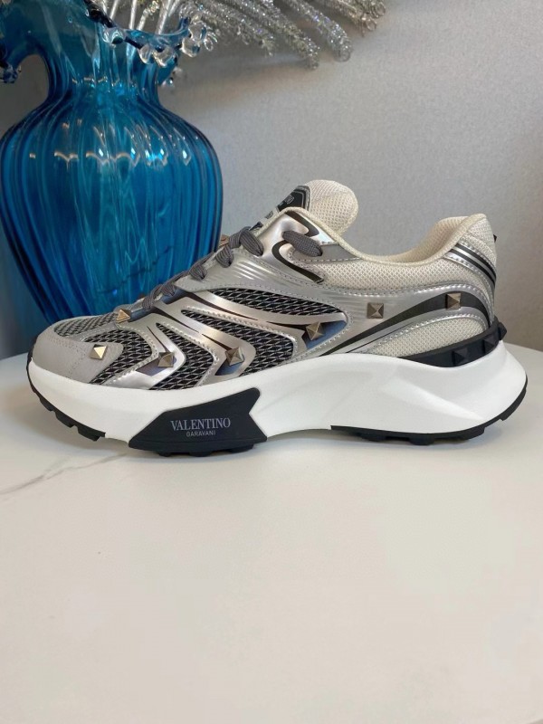 2024 Unisex Valentino White Black Grey Mesh Leather Sneakers MJ00410