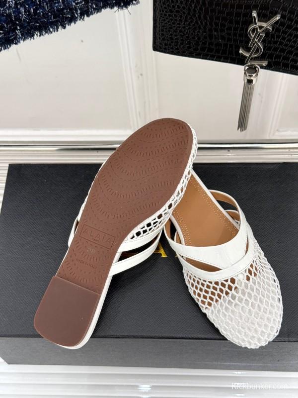 2025 Slippers AlAIA White Leather Mesh Flat Shoes