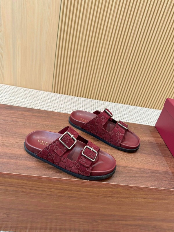 2025 Women Gucci Red Suede Leather Sandals Double Buckle LY00260