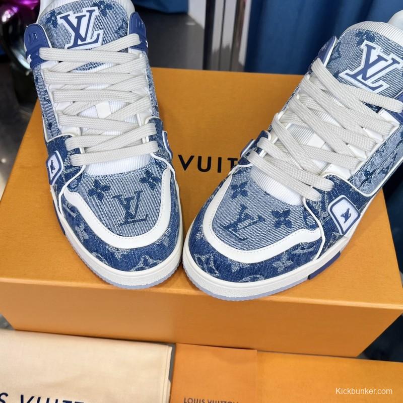 2025 Men Louis Vuitton Blue White Denim Leather LV Trainer