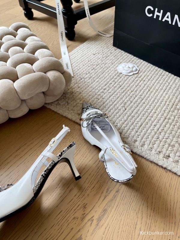 2025 Women Chanel White Black Python Leather Slingback Heels