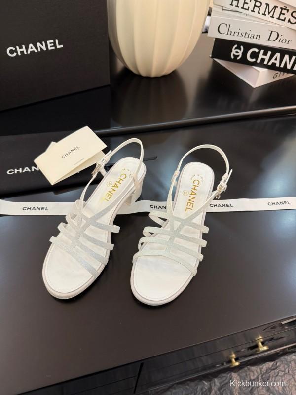2025 Women Chanel White Leather Sandals