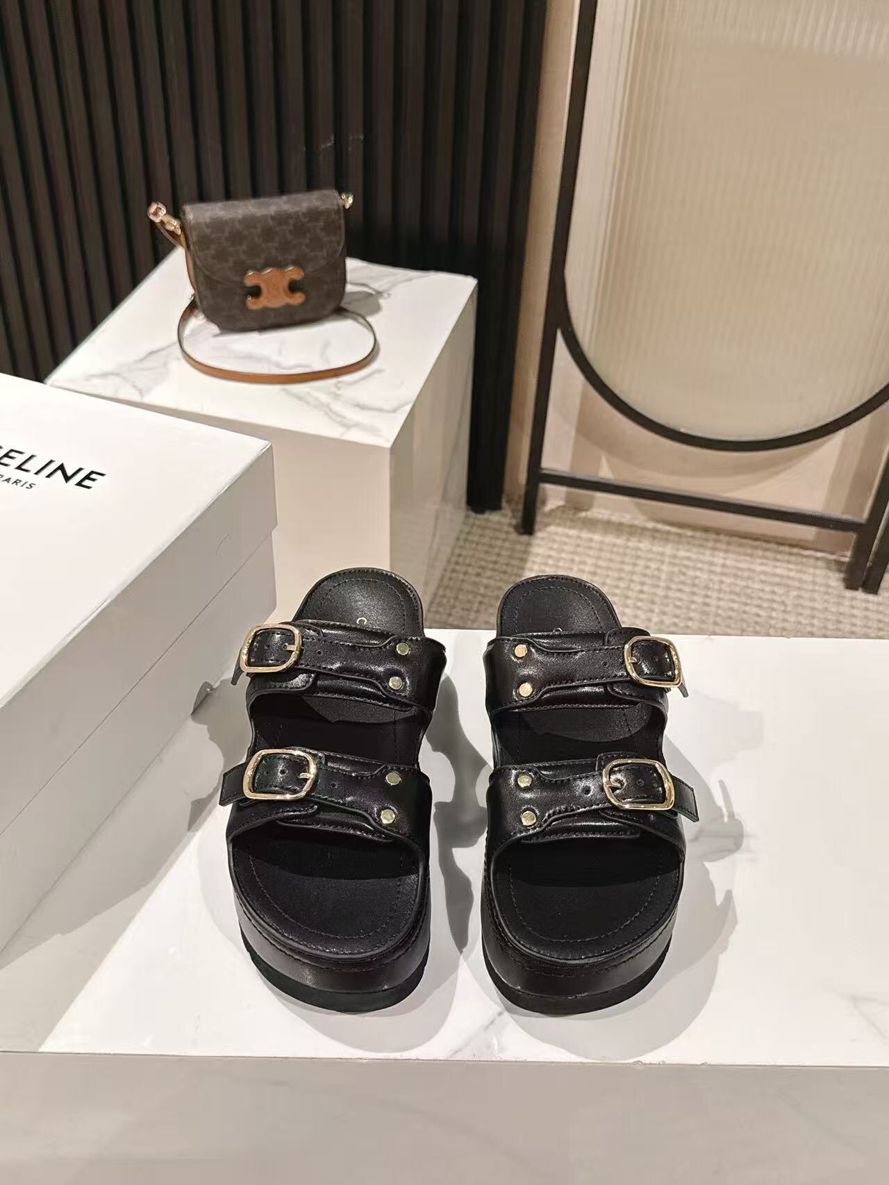 2025 Women Celine Black Leather Platform Slide Sandals LY00300