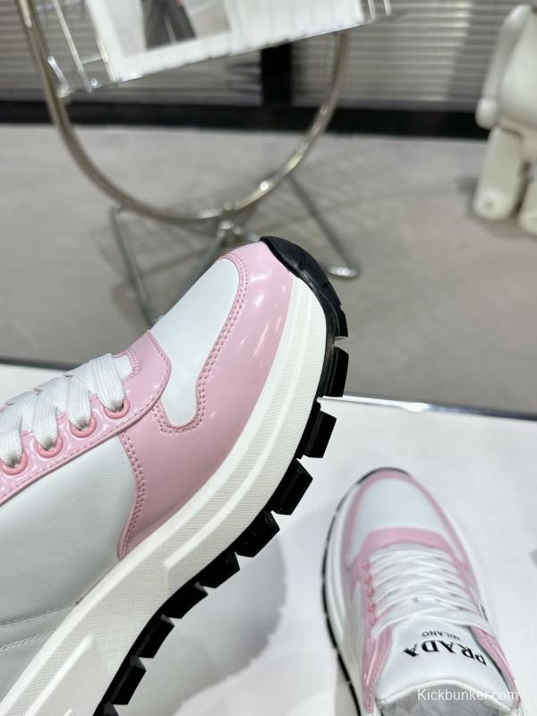 2025 Women Prada White Pink Leather Sneakers