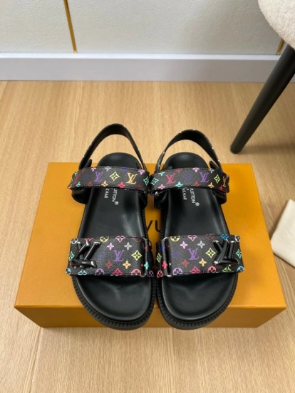 2025 Women Louis Vuitton Black Multicolor Canvas Sandals