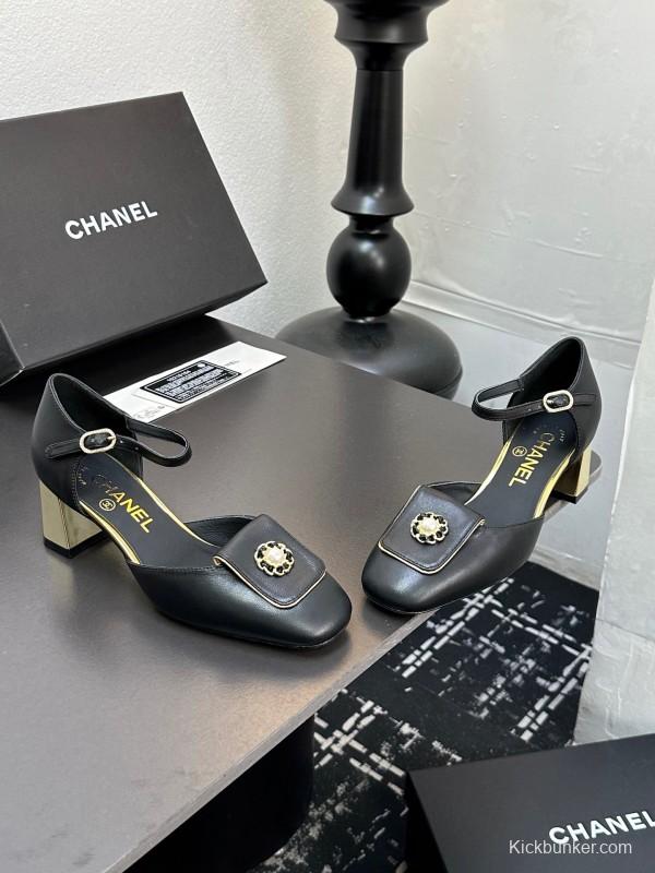 2025 Women CHANEL Black Leather Block Heel Metal Accent LY00360