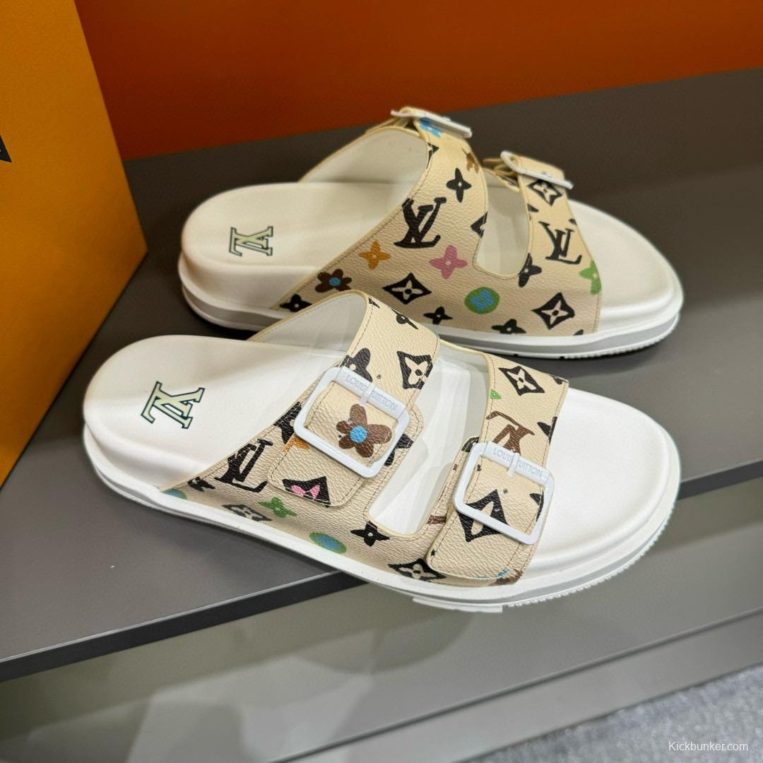 2024 Slippers Louis Vuitton Beige Multicolor Leather Slippers