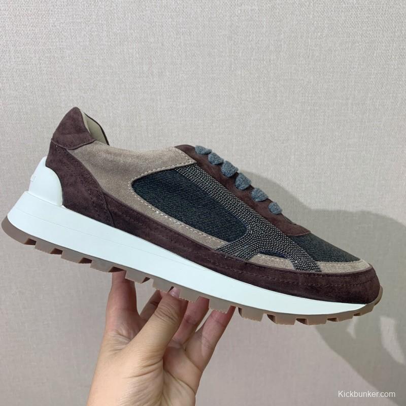 2025 Unisex Brunello Cucinelli Brown Beige Black Suede Leather Sneakers LY