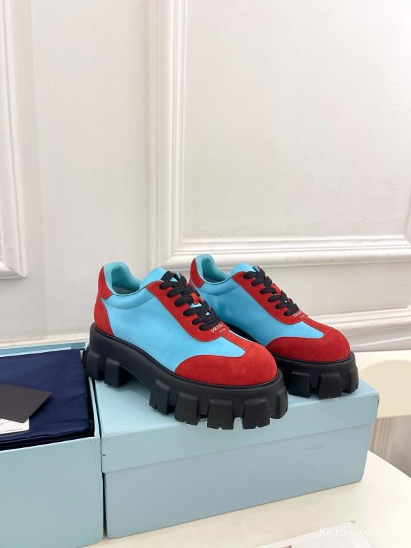2025 Unisex Prada Blue Red Suede Silk Casual Sneakers KFY00310(F)/KFY00330(M)