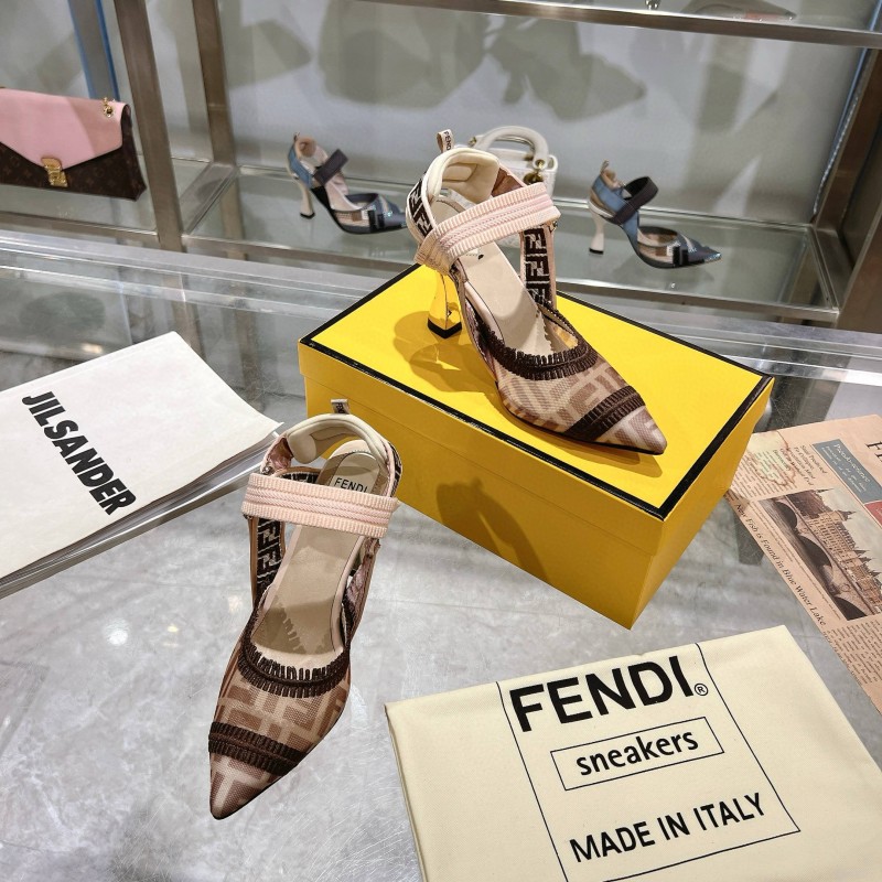 2025 Women Fendi Beige Brown Fabric Leather High Heels MJ00280