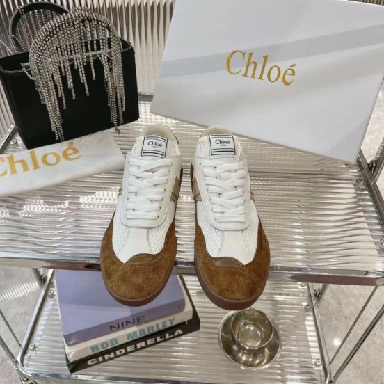2025 Women Chloé White Brown Suede Leather Sneakers LY00280