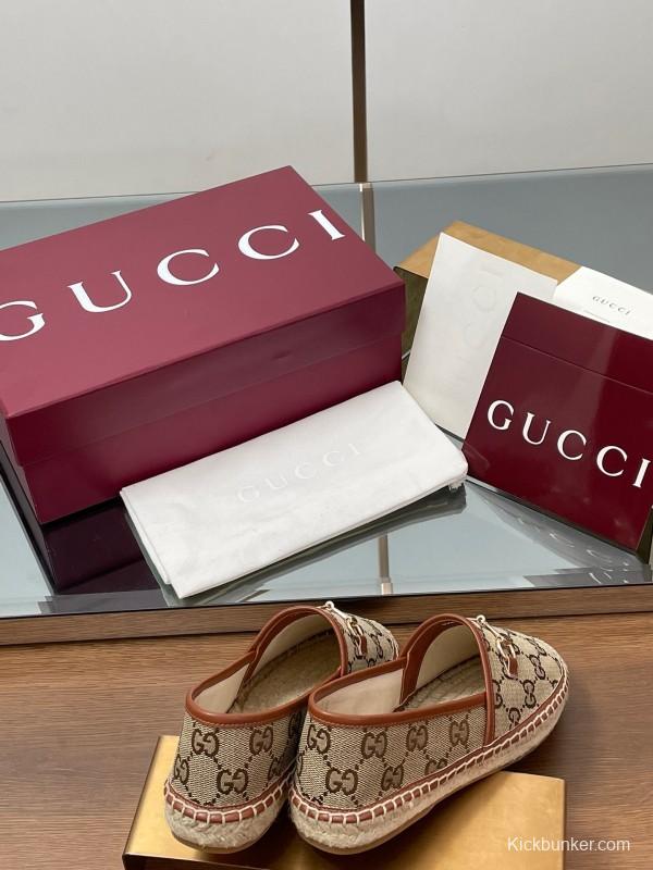 2025 Women Gucci Brown Canvas Leather Loafers Horsebit LY00200