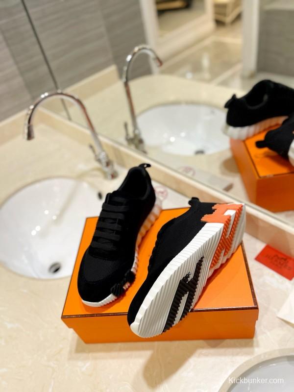2024 Unisex Hermès Black Imported Silk Glazed Calf Suede Synthetic Fabric Sneakers MJ00320