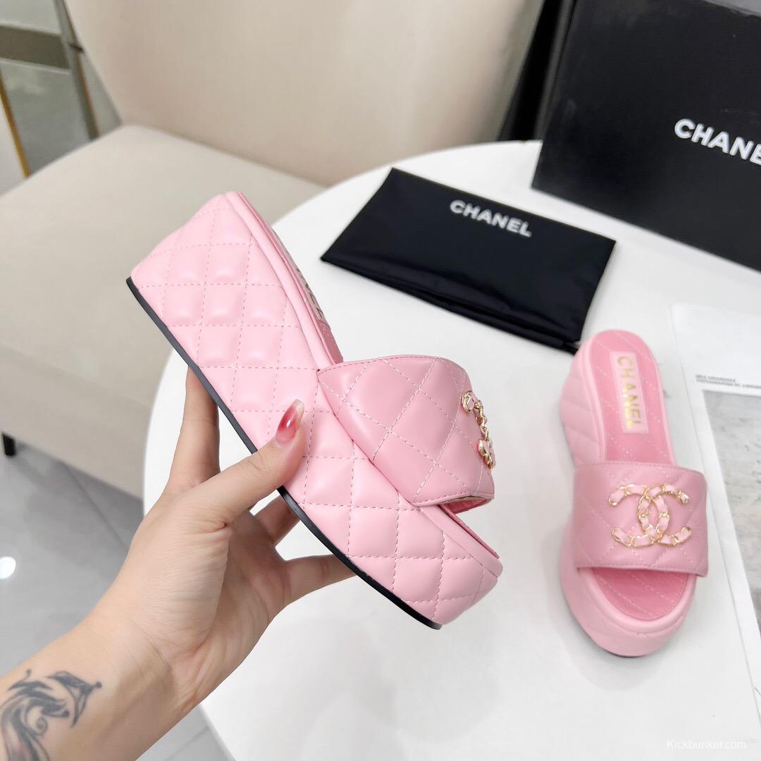 2025 Women Chanel Pink Leather Platform Sandals LY00240
