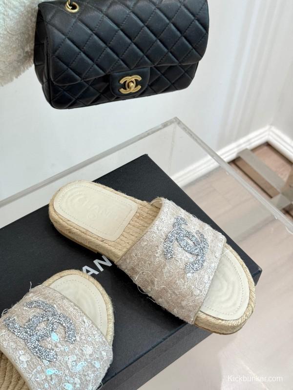 2025/Women Chanel White Lace Espadrille Slides With Sequined CC Logo KFY00240(F)