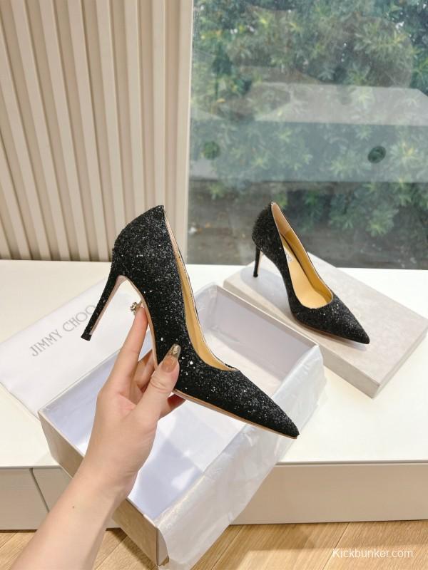 2025 Women Jimmy Choo Black Glitter Leather High Heel Pumps KFY00280