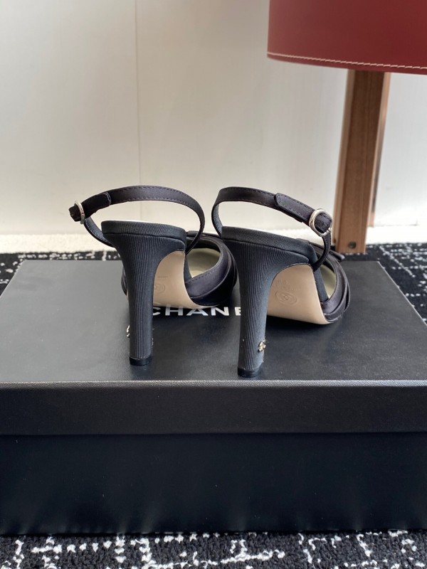 2025 Women Chanel Black Satin Leather High Heels Bow Slingback KFY00289
