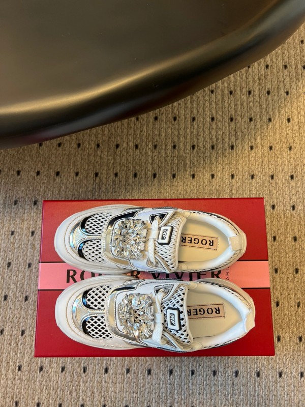 2025 Women Roger Vivier White Black Leather Synthetic Fabric Sneakers KFY00380