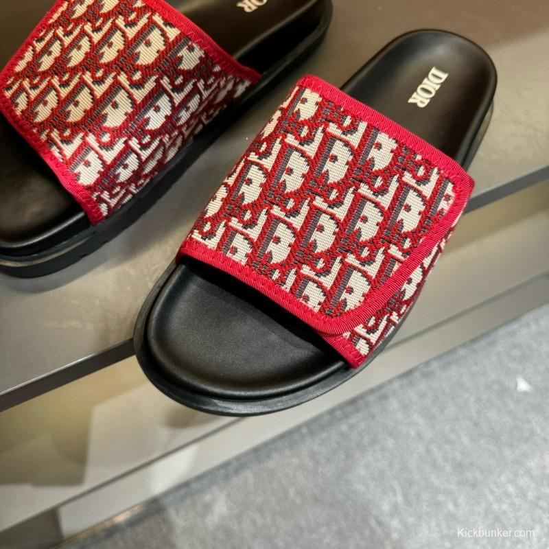 2024 Dior Red White Jacquard Slippers MJ00180
