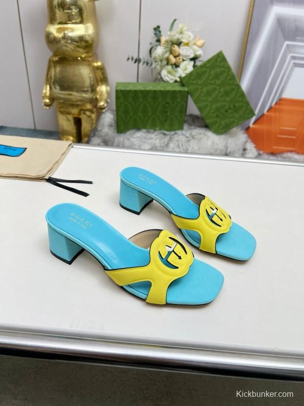 2025 Gucci Blue Yellow Leather Slippers